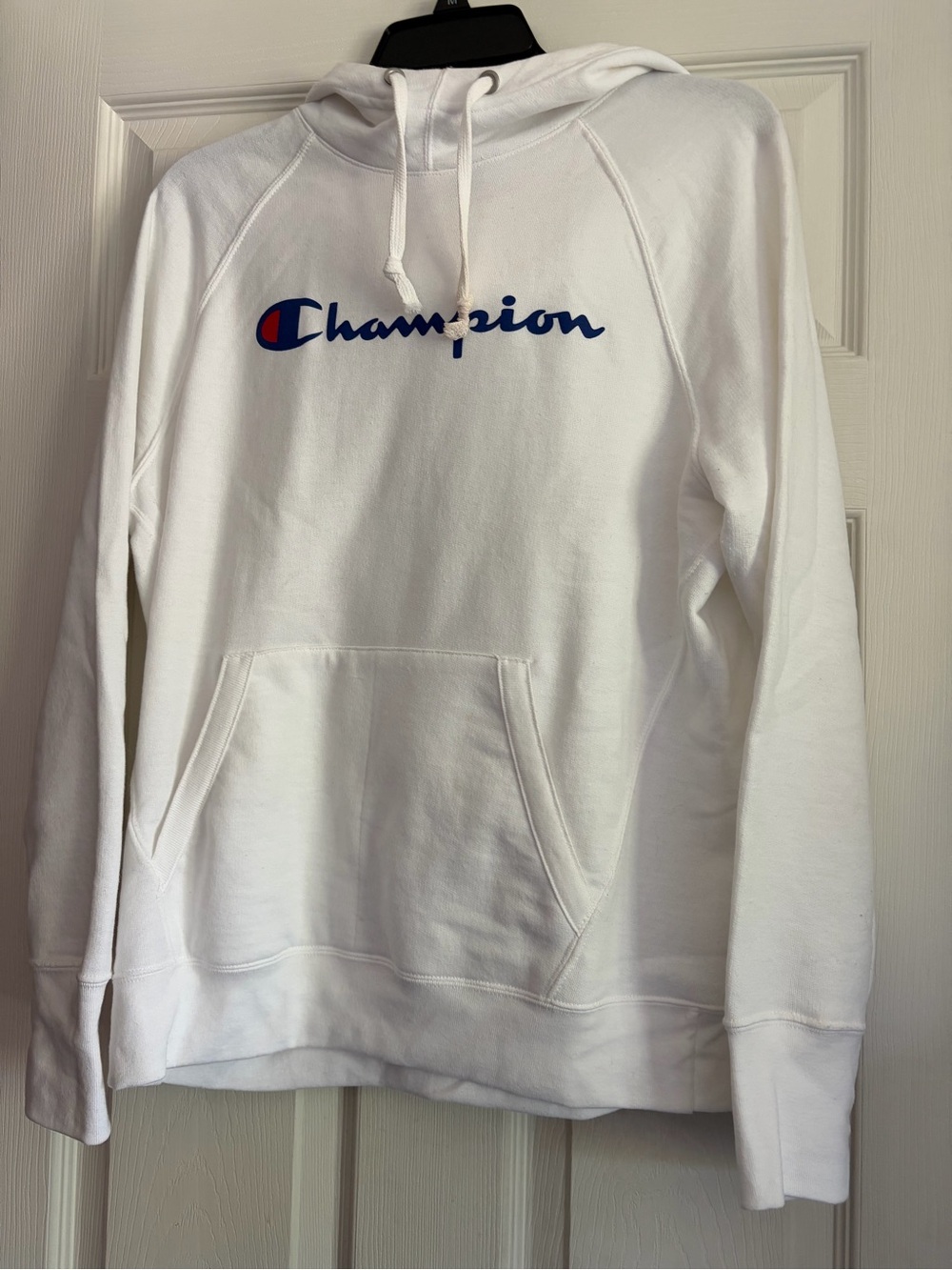 Champion White Hoodie with Blue Script and Red Accent